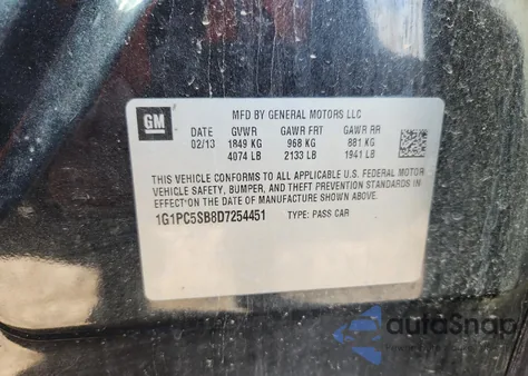 2013 Chevrolet Cruze Lt from USA, damaged, VIN 1G1PC5SB8D7254451